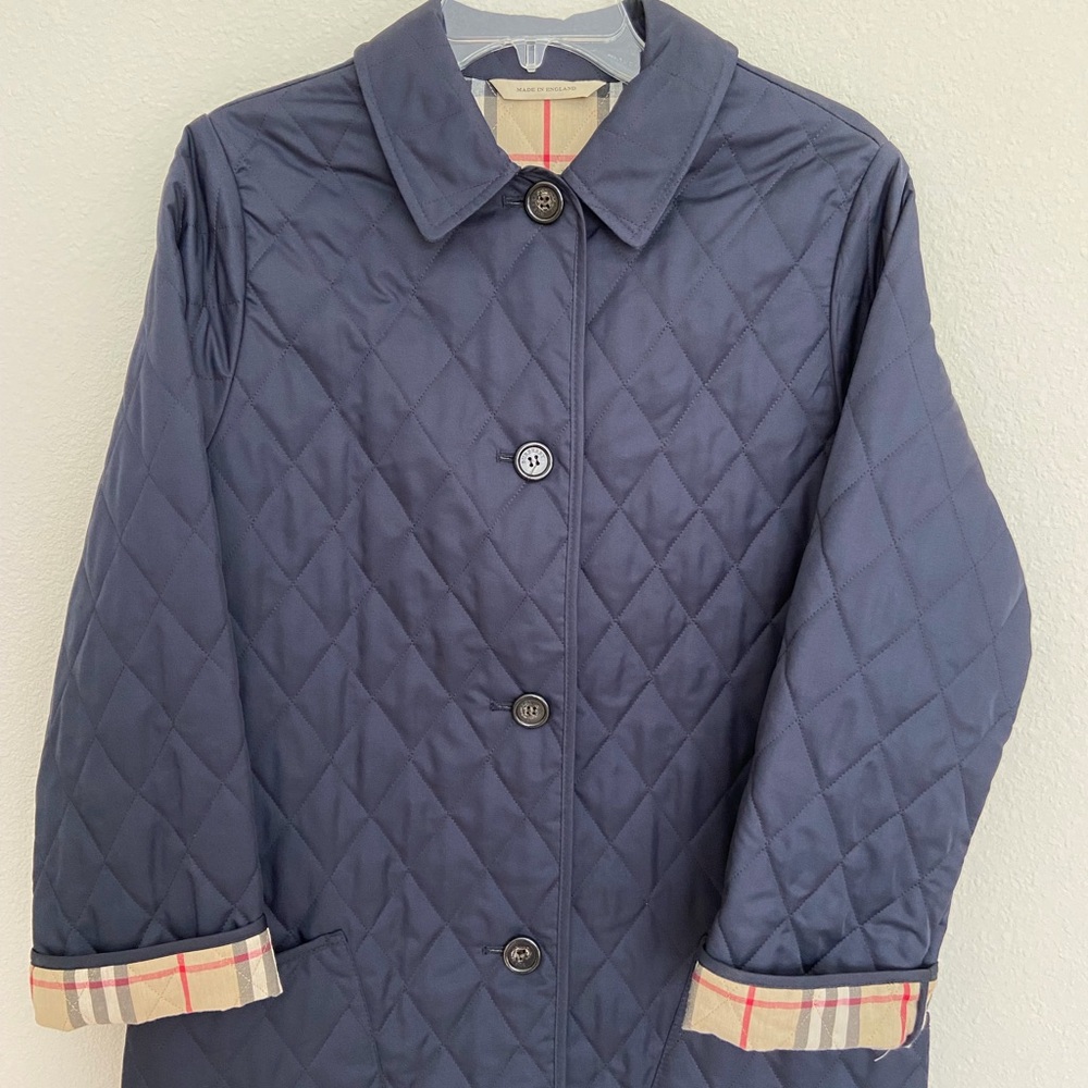 Burberry Navy Quilted Puffer Coat with Vintage Check Trim